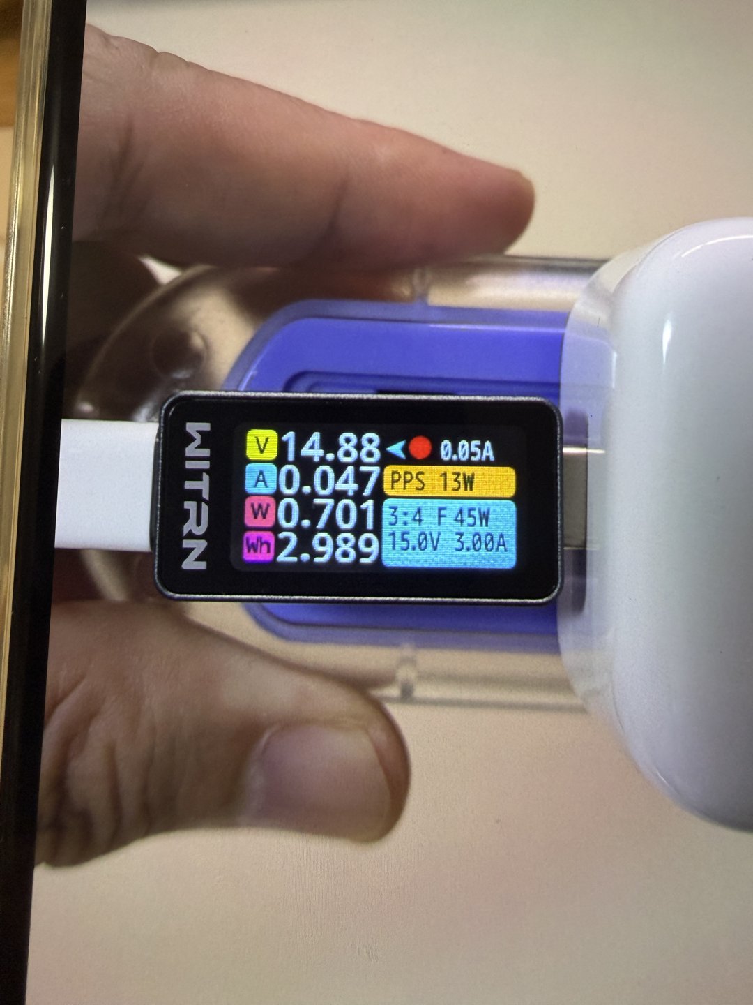 Apple 40WダイナミックアダプタのPD契約表示(3:4 F 45W 15.0V 3.00A)