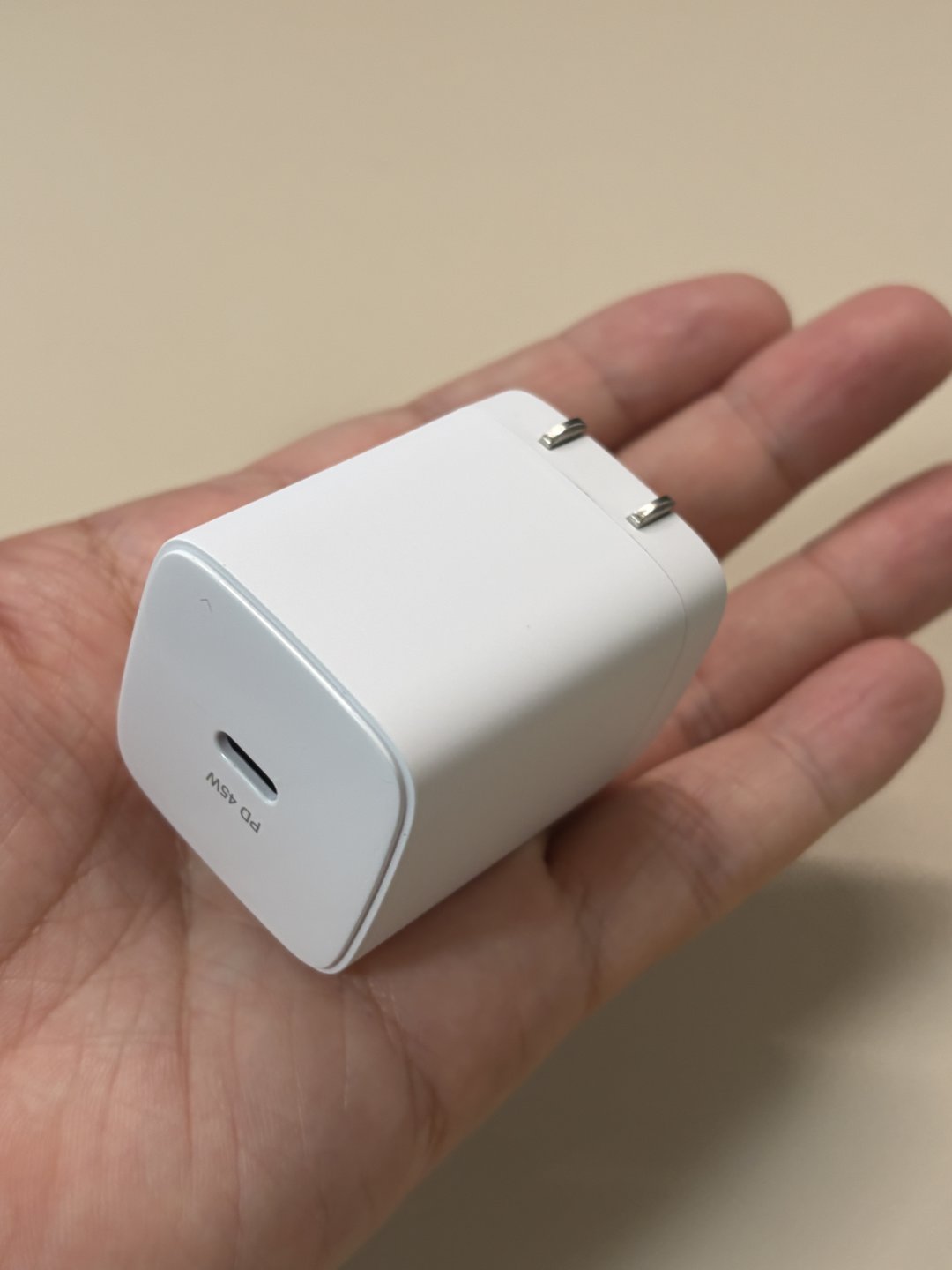 ダイソーのGaN 45W充電器(radius)を手のひらに載せたサイズ感